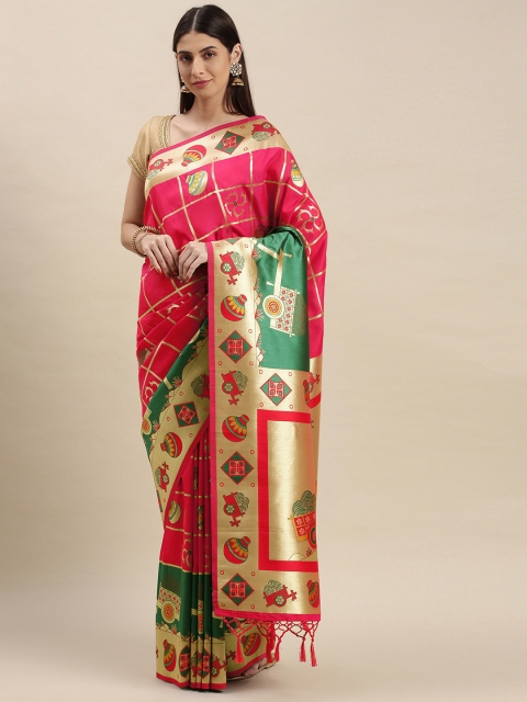 

flaher Pink & Gold-Toned Woven Design Zari Art Silk Banarasi Saree