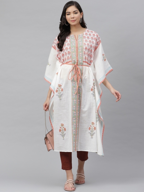 

Fabindia Women White & Peach-Coloured Hand Block Printed Pure Cotton Kaftan Kurta
