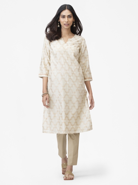 

Fabindia Women Off White & Golden Satin Finish Ethnic Motifs Printed Straight Kurta