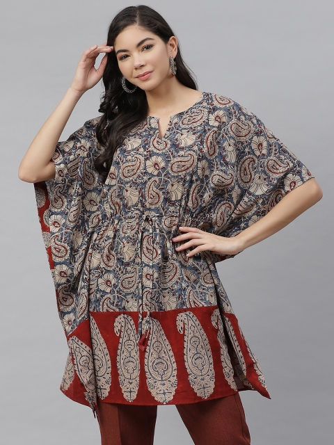 

Fabindia Blue & Maroon Pure Cotton Ethnic Motif Printed Kaftan Top