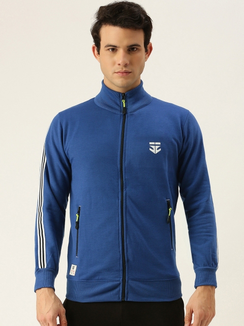 

Sports52 wear Men Blue Solid Mock-Collar Front-Open Sweatshirt With Print Detail