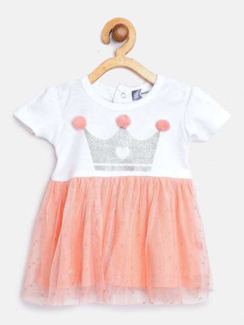 

Moms Love Infant Girl White & Peach-Coloured Embellished Pure Cotton Dress