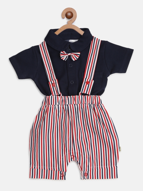 

Moms Love Infant Boys Navy Blue & Red Pure Cotton Solid Shirt with Striped Dungarees