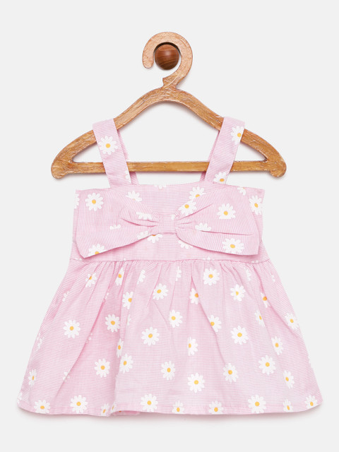 

Moms Love Infant Girls Pink & White Pure Cotton Floral Print Fit & Flare Dress with Bow