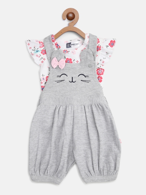 

Moms Love Infant Girls White & Grey Melange Floral Print Top with Dungarees