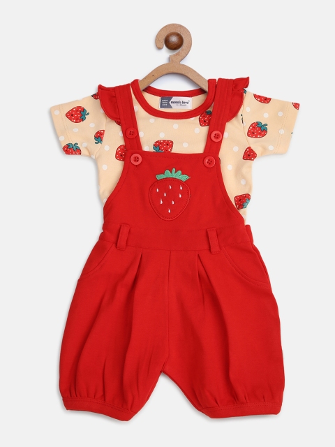 

Moms Love Infant Girls Peach-Coloured & Red Strawberry Print T-shirt with Dungarees