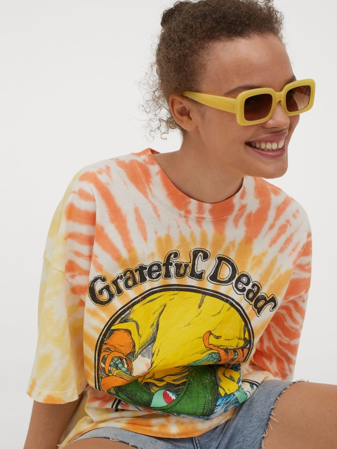 

H&M Women Orange & White Oversized Printed T-Shirt