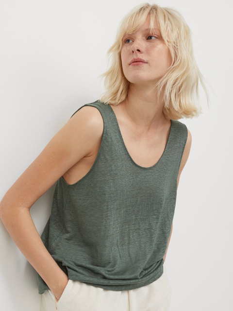

H&M Women Green Linen Jersey Vest Top