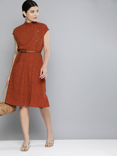 

Chemistry Brown Self Designed Extended Shoulder Mandarin Collar Dress