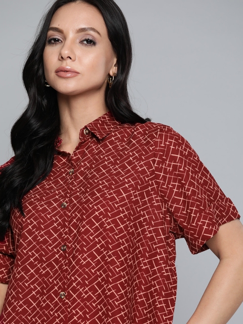 

Chemistry Women Maroon & Peach-Coloured Printed Casual Shirt