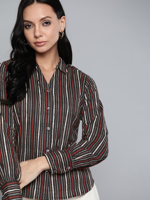 

Chemistry Women Black & Red Pure Cotton Striped Casual Shirt