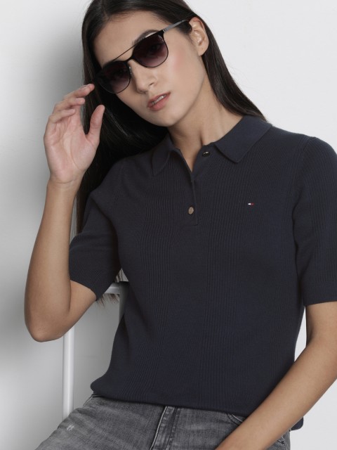 

Tommy Hilfiger Women Navy Blue Ribbed Polo Collar T-shirt