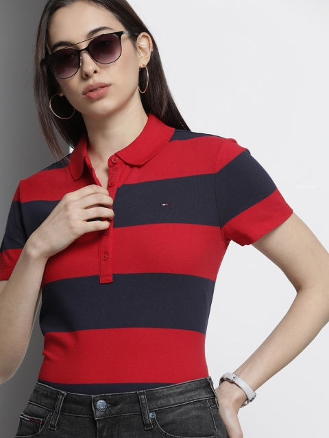 

Tommy Hilfiger Women Red & Navy Blue Striped Polo Collar T-shirt