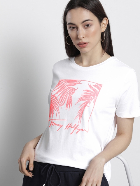 

Tommy Hilfiger Women White & Pink Typography Printed T-shirt