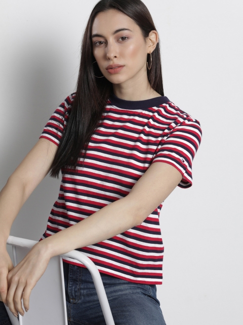 

Tommy Hilfiger Women Red White Striped Pure Cotton T-shirt