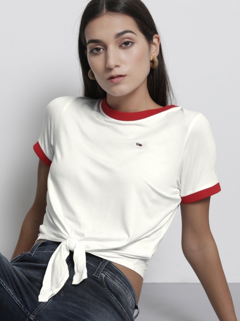 

Tommy Hilfiger Women White Cropped Tie-Up Detailed T-shirt