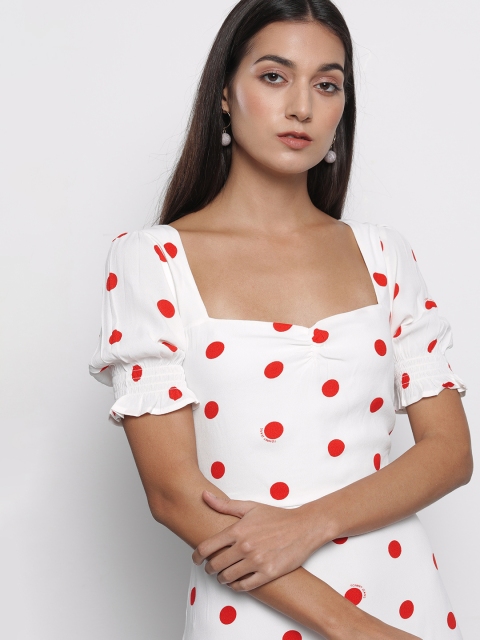 

Tommy Hilfiger Women White & Red Polka Dots Printed Sweatheart Neck Midi Dress