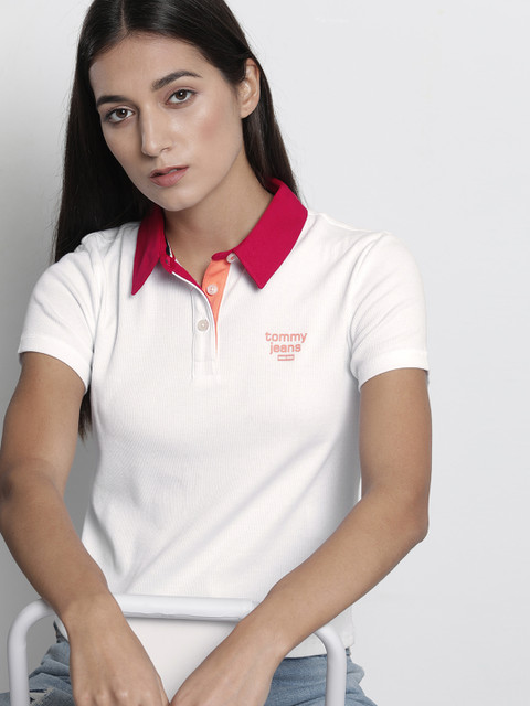 

Tommy Hilfiger Women White Solid Polo Collar Slim Fit T-shirt