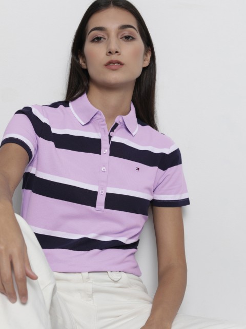 

Tommy Hilfiger Women Lavender & Navy Blue Striped Polo Collar T-shirt