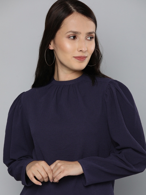 

Chemistry Navy Blue Solid Puff Sleeves Regular Top