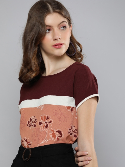 

Chemistry Women Maroon Colourblocked & Floral Printed Extended Shoulder Top, Coffee brown