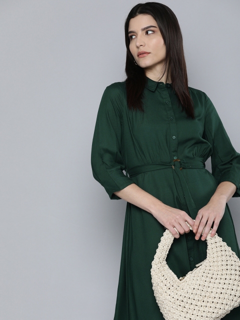 

Chemistry Green Solid Belted Shirt Dress