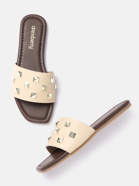 

DressBerry Women Beige & Gold-Toned Studded Open Toe Flats