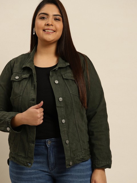 

Sztori Women Plus Size Olive Green Solid Denim Jacket