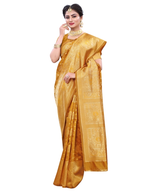 

KALINI Yellow & Golden Ethnic Motifs Zari Poly Silk Banarasi Saree