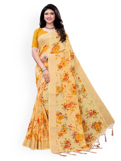 

KALINI Mustard Floral Cotton Blend Saree