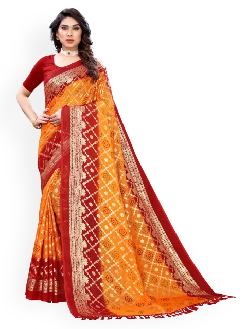 

KALINI Mustard Bandhani Foil Printed Cotton Blend Saree