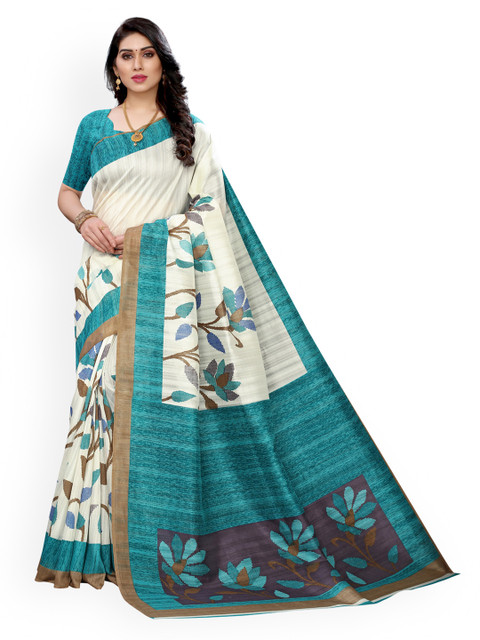 

KALINI White Floral Printed Art Silk Bhagalpuri Saree