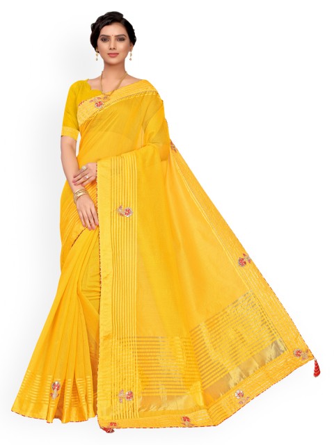

KALINI Yellow Embroidered Detail Poly Cotton Saree