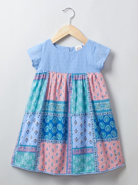 

Ed-a-Mamma Blue & Pink Ethnic Motifs Cotton A-Line Sustainable Dress