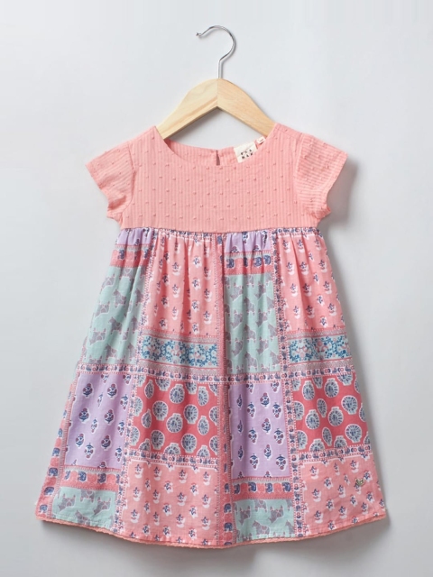 

Ed-a-Mamma Peach & Green Ethnic Motifs Cotton Empire Sustainable Dress