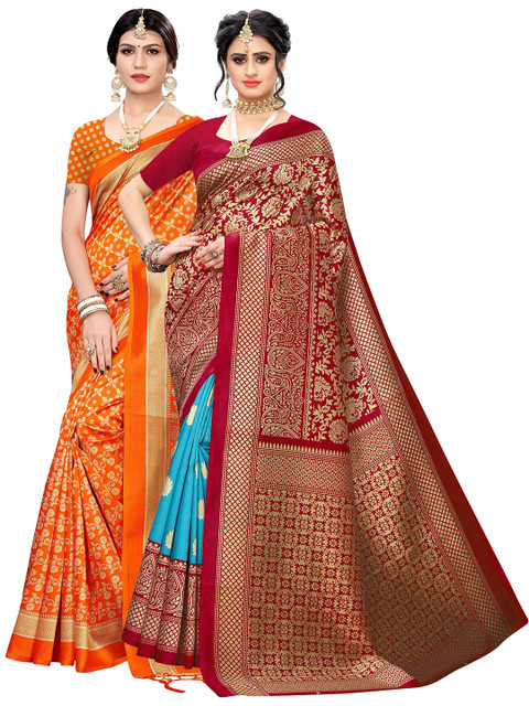 

KALINI Orange & Red Set of 2 Ethnic Motifs Art Silk Saree