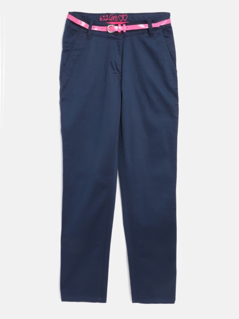 

612 league Girls Navy Blue Solid Regular Trousers