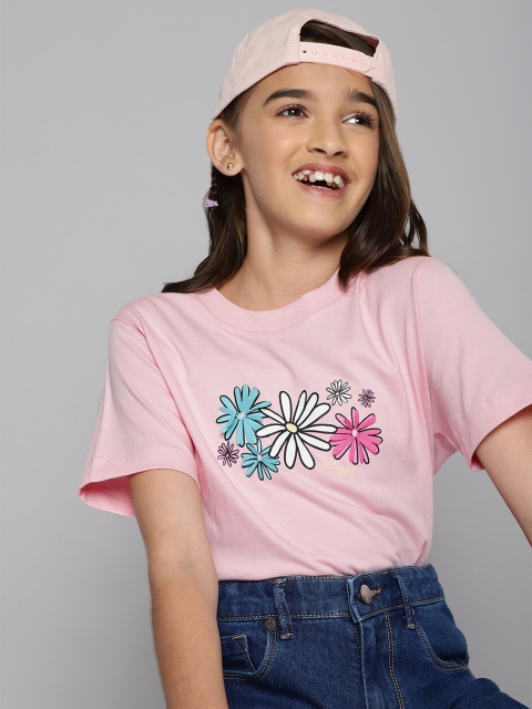 

HERE&NOW Girls Pink Floral Printed Applique Cotton T-shirt