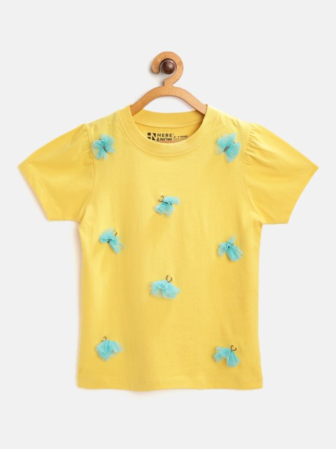 

HERE&NOW Girls Mustard Yellow & Blue Puff Sleeves Butterfly Applique Pure Cotton Top
