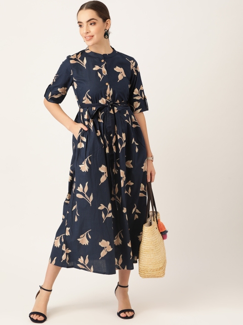 

Anouk Navy Blue & Beige Cotton Foil Print Ethnic Midi Dress