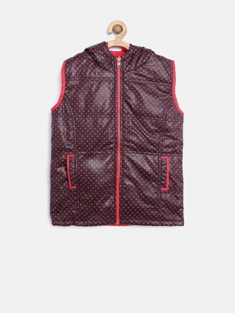 

612 league Girls Red & Black Polka-Dot Print Sleeveless Reversible Jacket