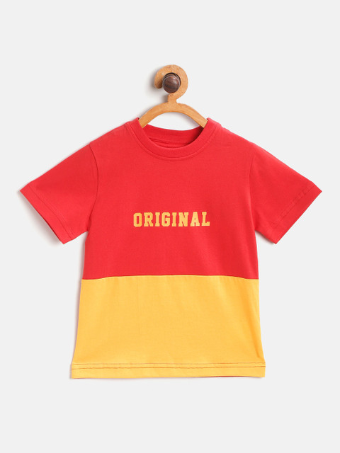 

HERENOW Boys Red Yellow Pure Cotton Colourblocked Pure Cotton T-shirt with Printed Detail