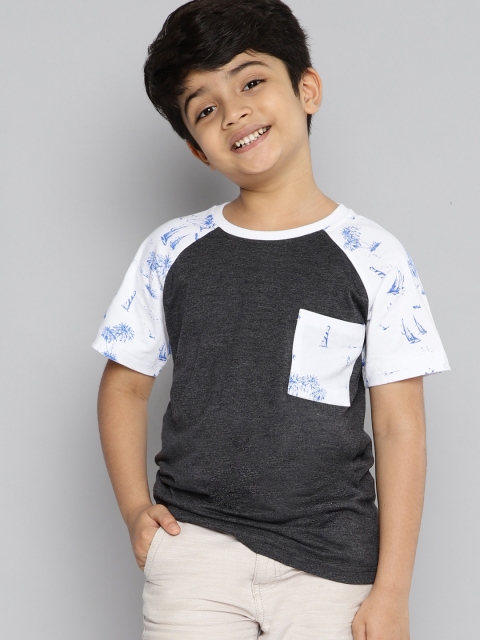 

HERENOW Boys Charcoal Grey White Solid Round Neck Pure Cotton T-shirt