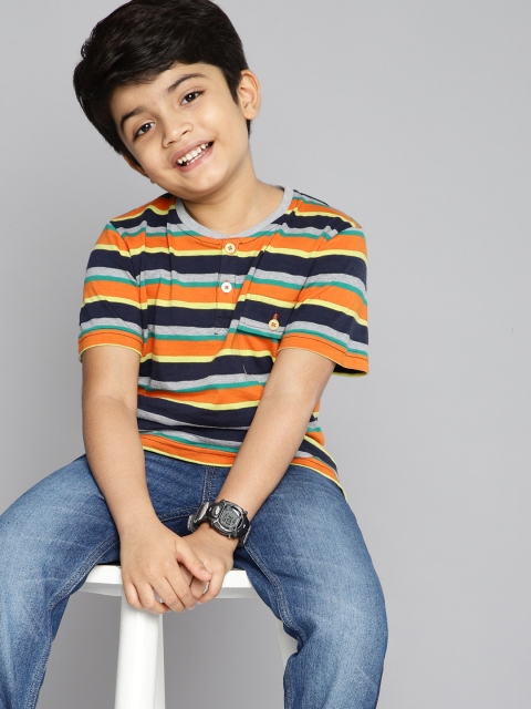 

HERE&NOW Boys Multi-Coloured Striped Cotton Henley Neck T-shirt