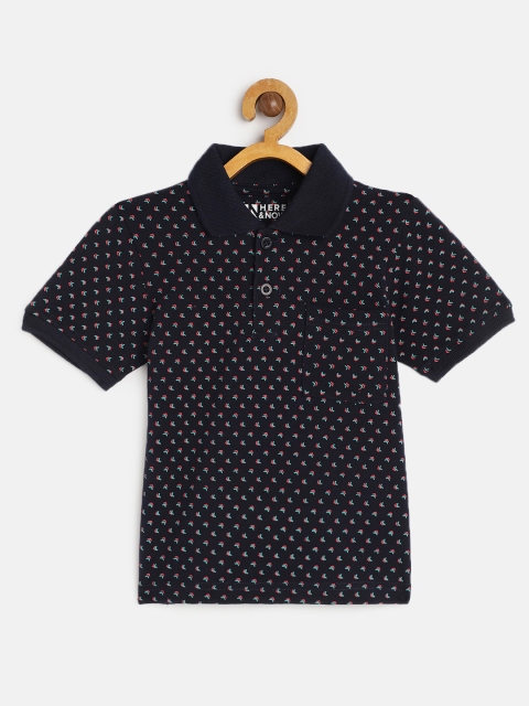 

HERENOW Boys Navy Blue Geometric Printed Pure Cotton Polo Collar Pure Cotton T-shirt