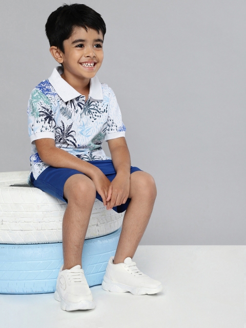 

HERENOW Boys White Blue Printed Polo Collar Tropical Pure Cotton T-shirt