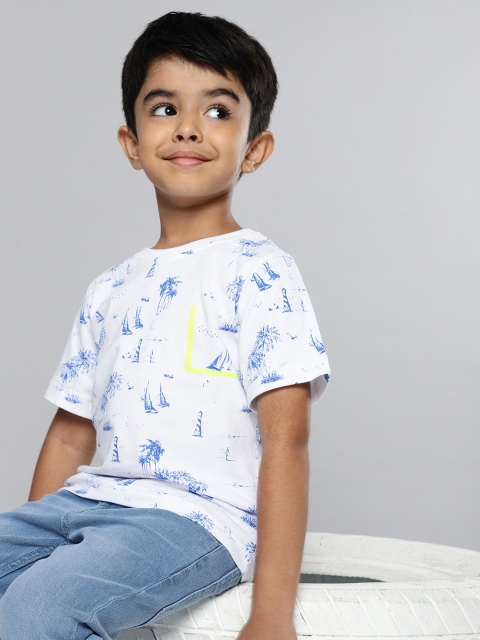 

HERE&NOW Boys White & Blue Nautical & Tropical Print Cotton T-shirt