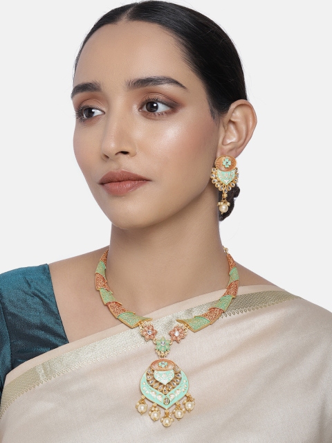 

Peora Green & Orange Gold-Plated Meenakari Handcrafted Jewellery Set