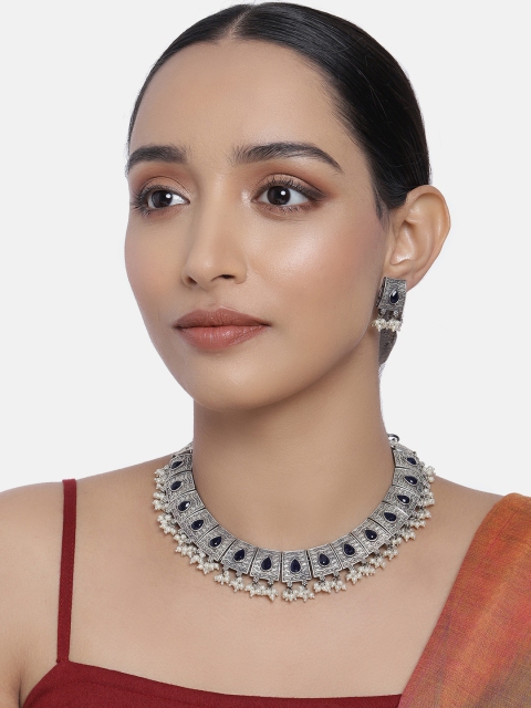 

Peora Blue Oxidised Silver-Plated Stone Studded Handcrafted Jewellery Set