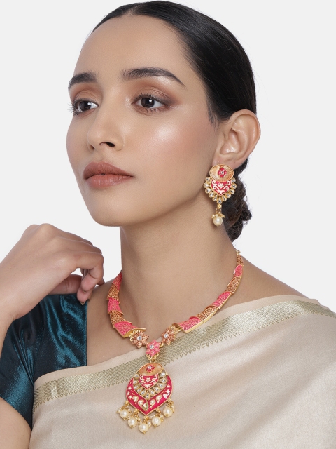

Peora Pink & Yellow Gold-Plated Meenakari Handcrafted Jewellery Set